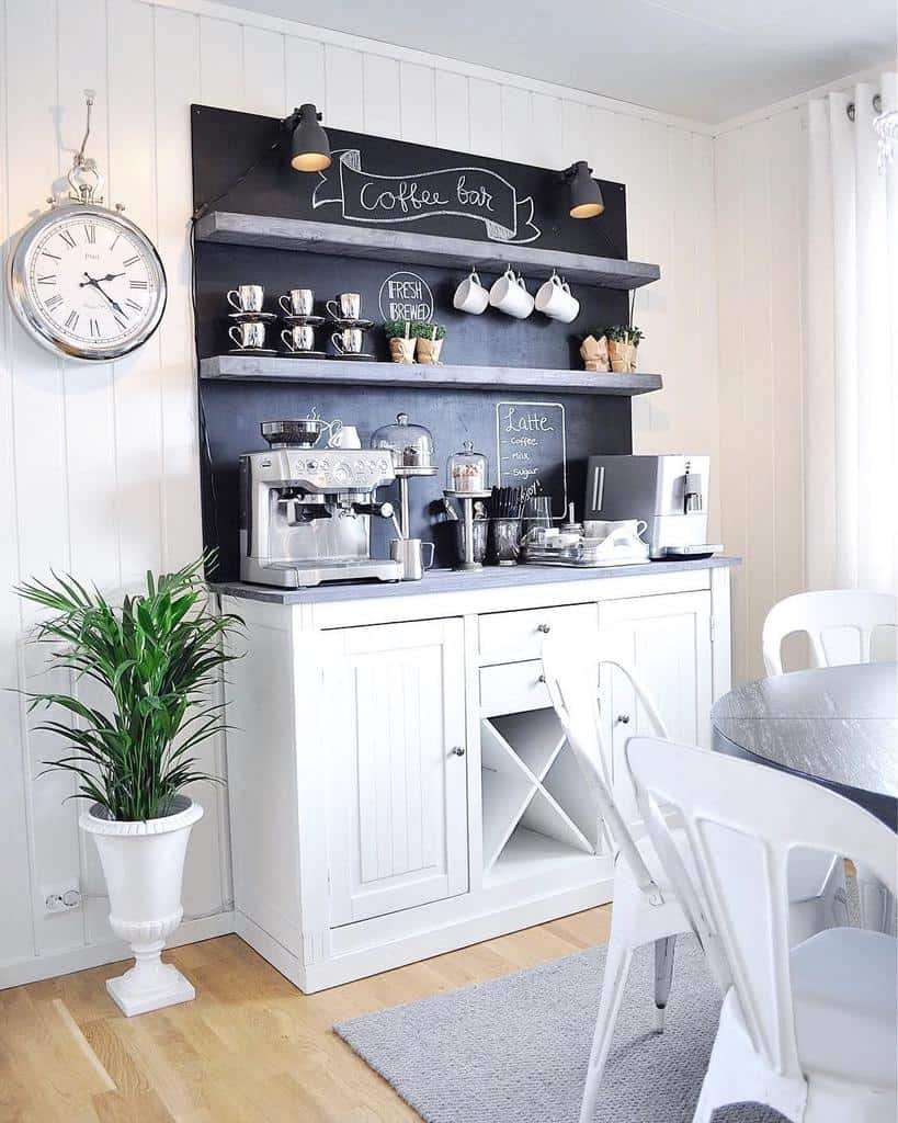 farmhouse kitchen cabinet with chalkboard and coffee machine