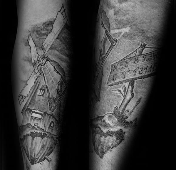 rustic windmill guys forearm shaded tattoo