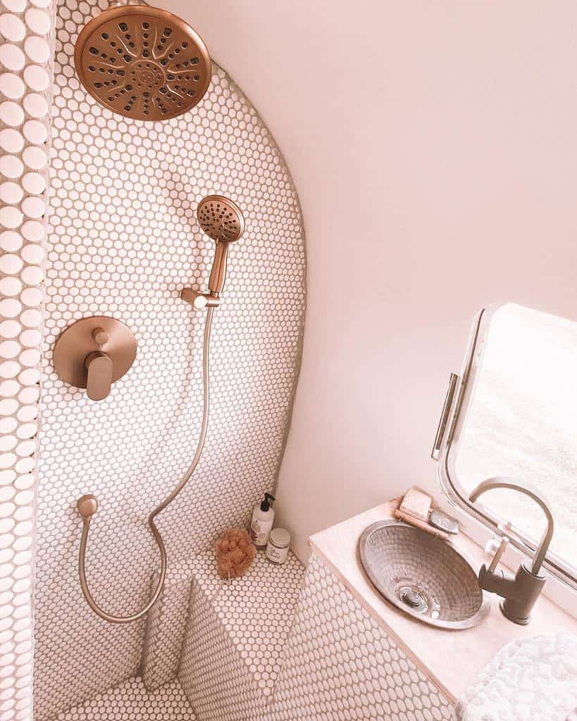 small pink mosaic tile bathroom in rv