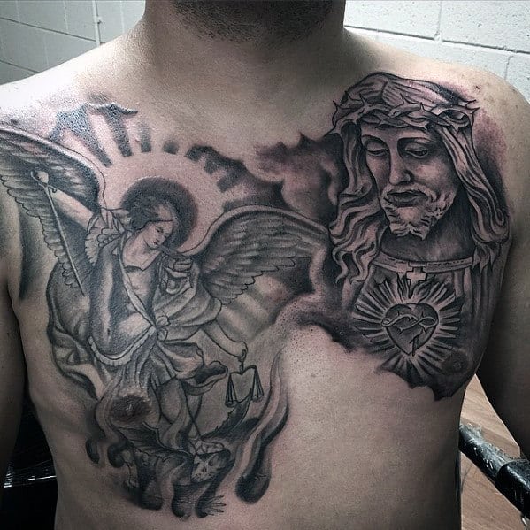 Sacred Heart With Jesus And Angel Male Chest Tattoos