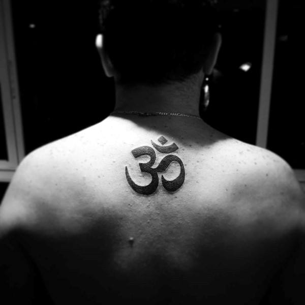 Sacred Upper Back Indian Religion Male Om Tattoo With Black Ink