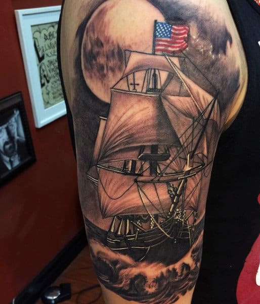 Sailing Ship And American Flag Tattoo For Guys