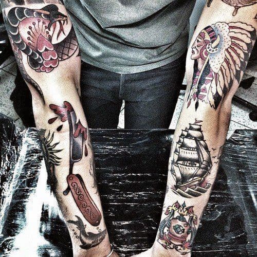 sailing-ship-and-razor-traditional-mens-sleeve-tattoos