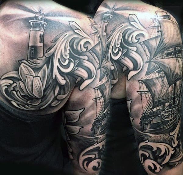 Sailing Ship Filigree Mens Shoulder And Half Sleeve Tattoo