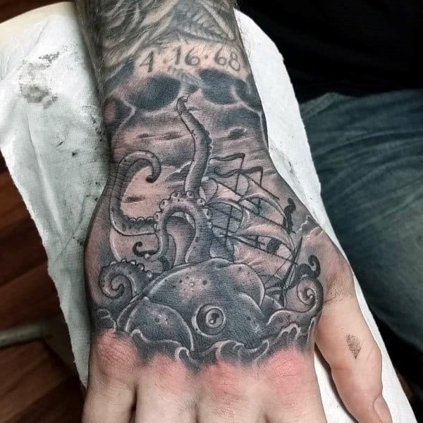 Sailing Ship Kraken Male Hand Tattoos