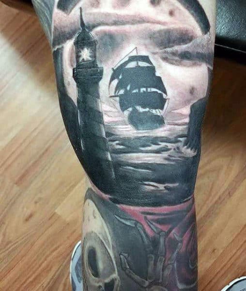 Sailing Ship Lighthouse Leg Tattoo For Males