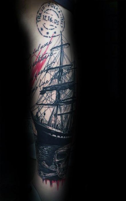Sailing Ship Masculine Red And Black Tattoos For Men