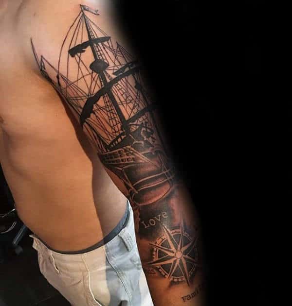 Sailing Ship Nautical Star Mens Arm Tattoo Ideas