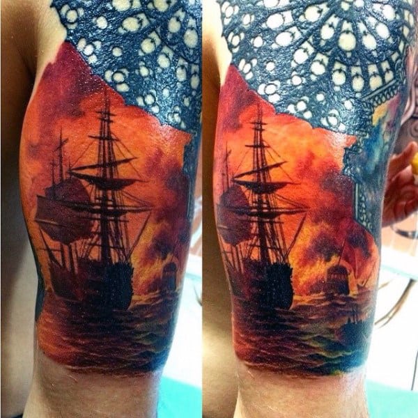 Sailing Ship On Fire Mens Half Sleeve Tattoos