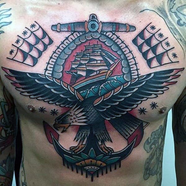 Sailing Ship With Anchor And Eagle Traditional Male Chest Tattoo