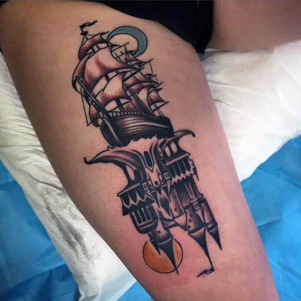 Sailing Ship With Castle Upside Down Mens Thigh Leg Tattoos