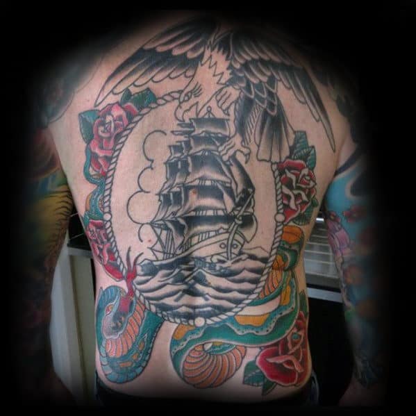 Sailing Ship With Eagle Guys Nautical Old School Back Tattoos