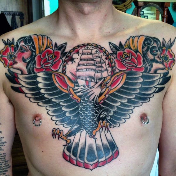 Sailing Ship With Eagle Male Traditional Upper Chest Tattoo