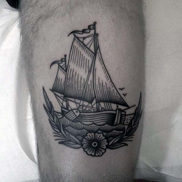 Sailing Ship With Flower Old School Woodcut Male Leg Tattoos