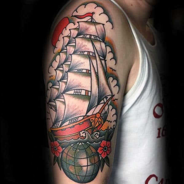 Sailing Ship With Globe Wanderlust Guys Arm Tattoo