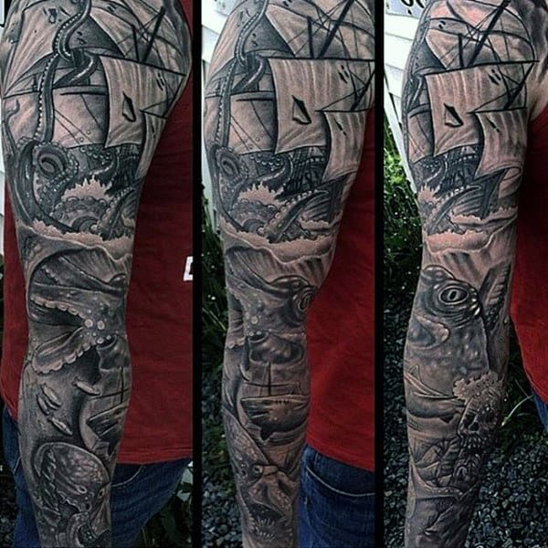 Sailing Ship With Kraken Guys Unique Shaded Sleeve Tattoo Designs