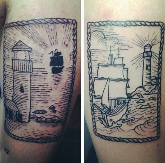 sailing ship with lighthouse brother woodcut tattoos