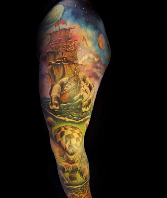 Sailing Ship With Octopus Under Ocean Mens Colorful Sleeve Tattoos