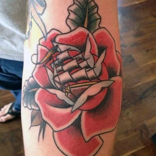 Sailing Ship With Rose Flower Traditional Ditch Tattoo Designs On Gentleman