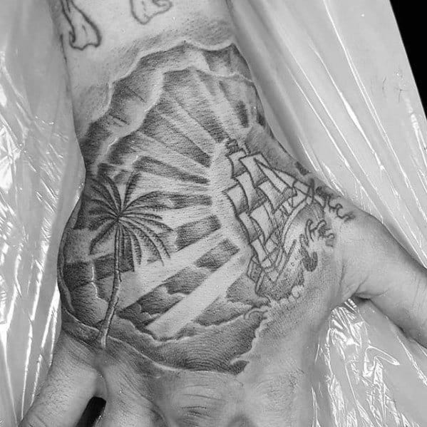 Sailing Ship With Sun Rays Unique Hand Shaded Mens Tattoos