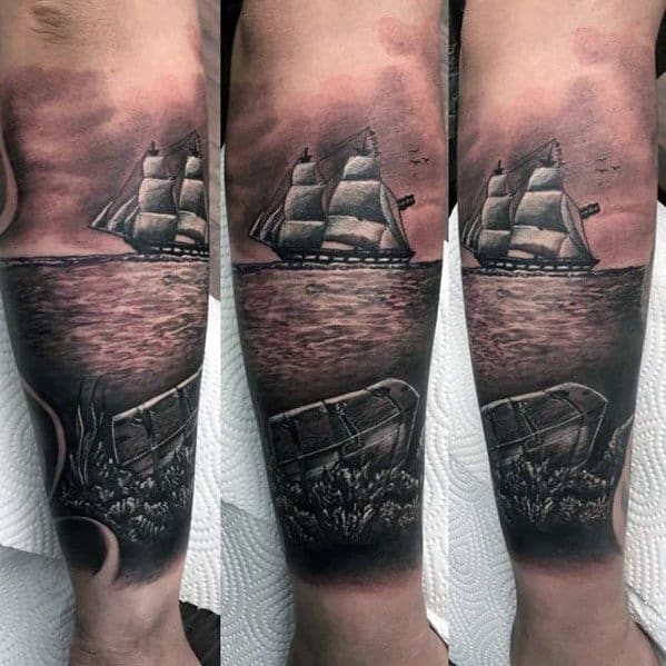 Sailing Ship With Treasure Chest On Beach Mens Forearm Sleeve Tattoo