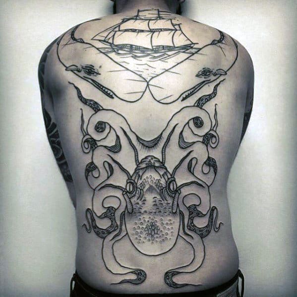 Sailing Ship With Whales And Octopus Mens Black Ink Outline Back Tattoo