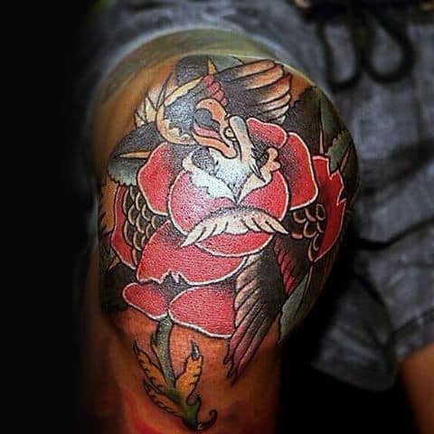 Sailor Jerry Mens Bald Eagle With Rose Flower Knee Tattoo