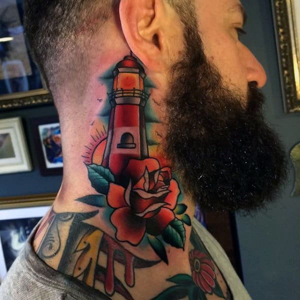 Sailor Jerry Old School Guys Nautical Neck Tattoo Of Rose Flower With Lighthouse