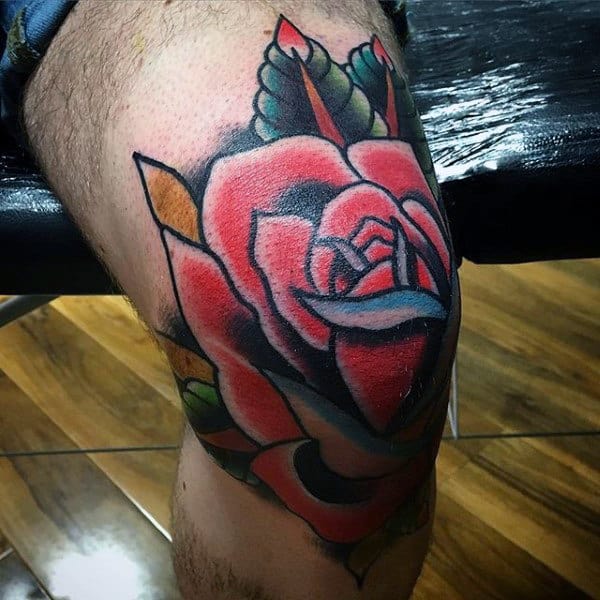Sailor Jerry Rose Flower Knee Tattoos For Guys