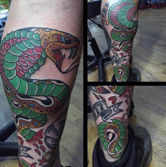 Sailor Jerry Style Cobra Mens Leg Tattoo