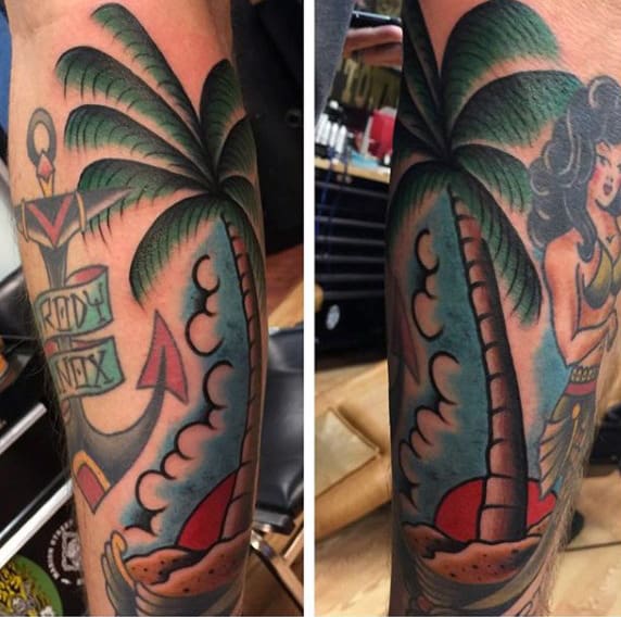 Sailor Jerry Style Palm Tree Beach Tattoo For Males On Forearm