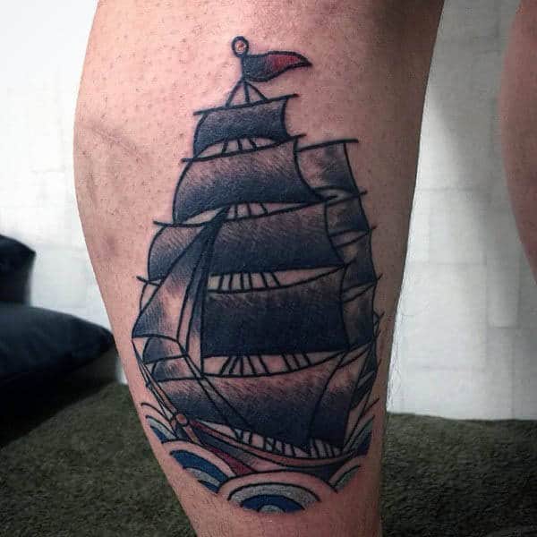 Sailor Jerry Style Sailboat Tattoo For Men On Leg Calf