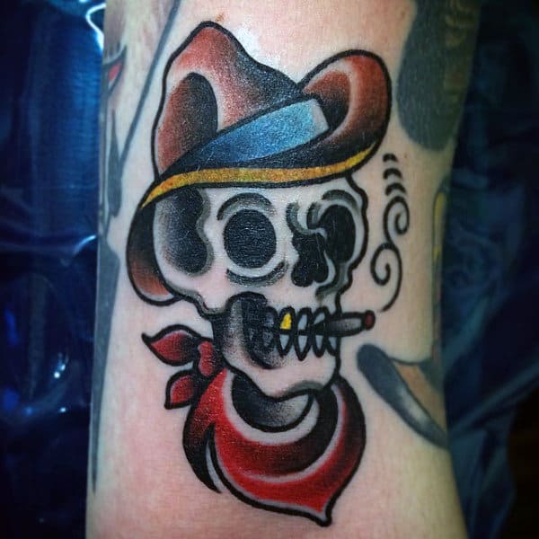 Sailor Jerry Style Smoking Skull Cowboy Tattoo On Gentleman