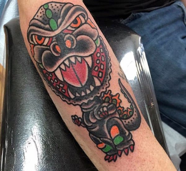 Sailor Jerry Style Tattoo Of Godzilla Unique For Males