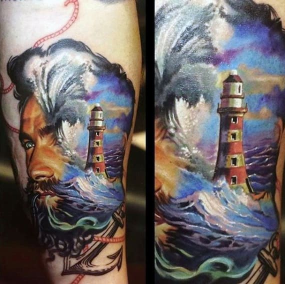 Sailor With Lighthouse Mens Nautical Leg Tattoo Ideas
