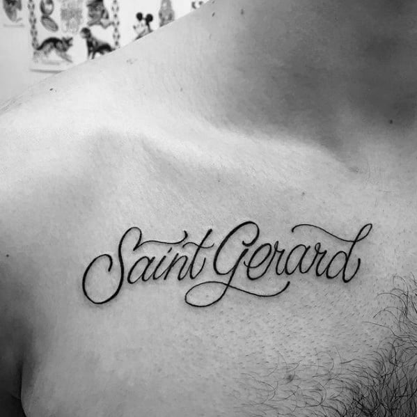 Saint Gerard Script Mens Catholic Small Upper Chest Tattoo