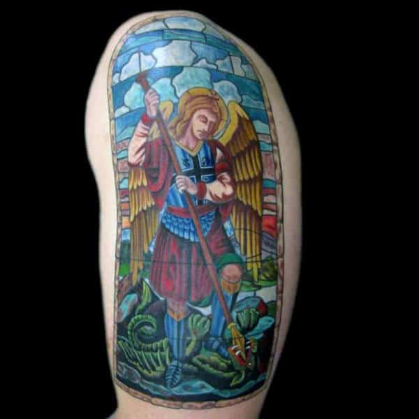 Saint Micheal Mens Upper Arm Stained Glass Tattoo
