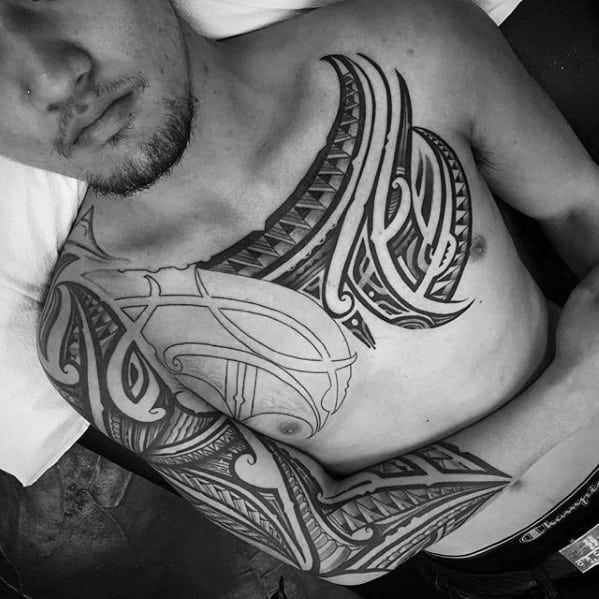 Samoan Tribal Mens Sick Chest And Sleeve Tattoo