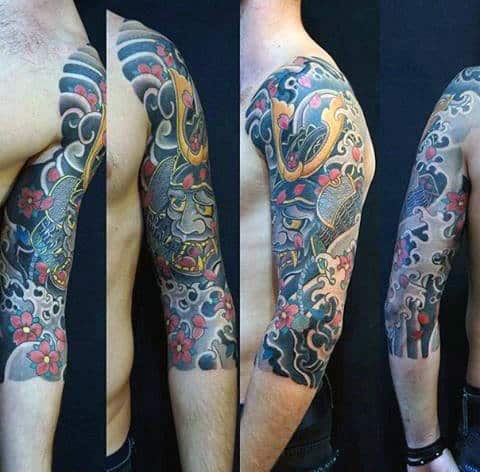 Samuari Helmet Japanese Guys Half Sleeve Tattoo