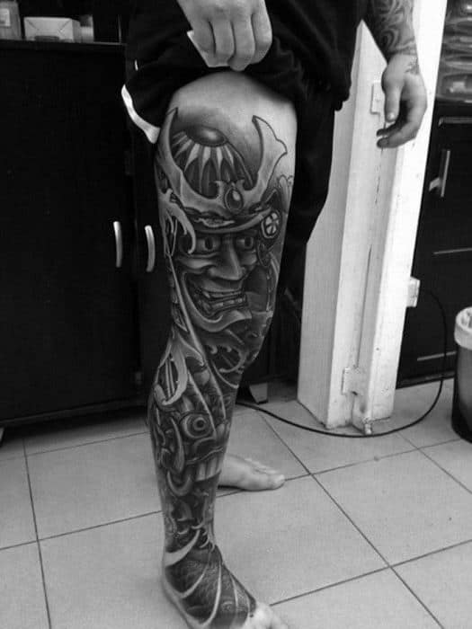 Samuari Shaded Black And Grey Mens 3d Leg Sleeve Tattoo