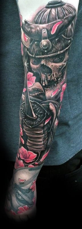 Samuari With Sword And Cherry Blossom Flowers Mens Sleeve Tattoos
