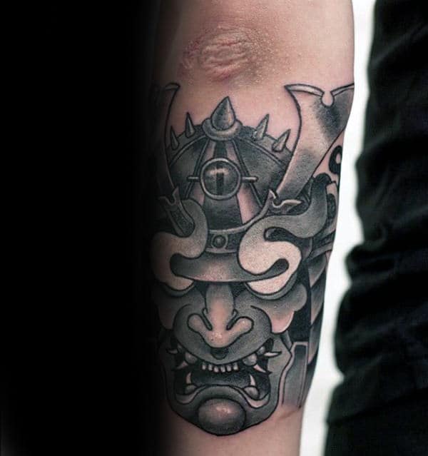 Samurai Helement With Hannya Mask Mens Outer Forearm Tattoo