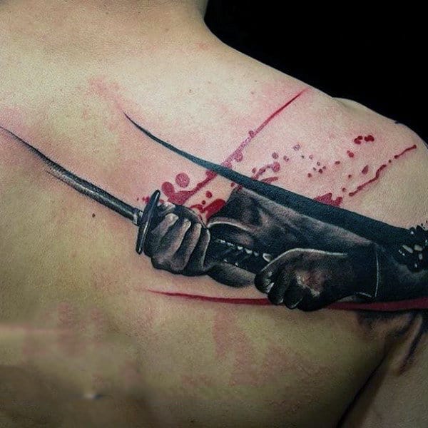 Samurari Sword With Blood Paint Splatter Design Mens Creative Back Tattoos