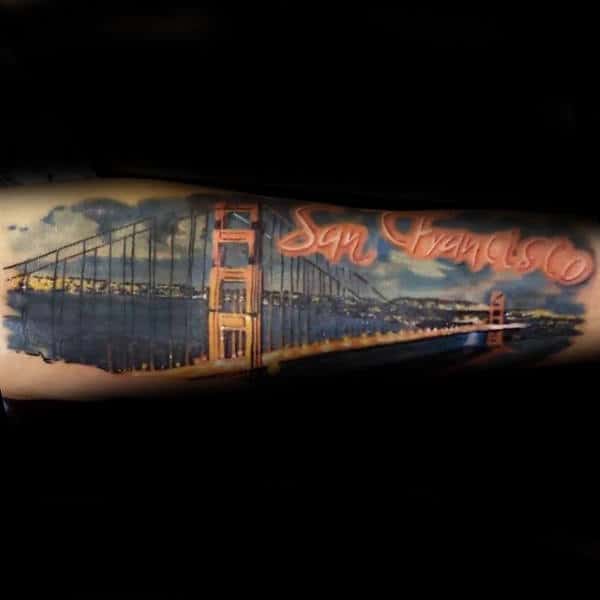 San Franscisco Mens Golden Gate Bridge Colorful Forearm Tattoo With Watercolor Deisgn