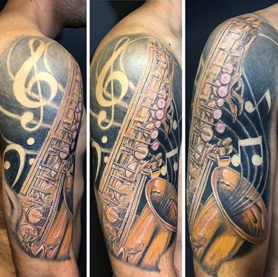 Saxophone Musical Instrument Themed Mens Half Sleeve Tattoos
