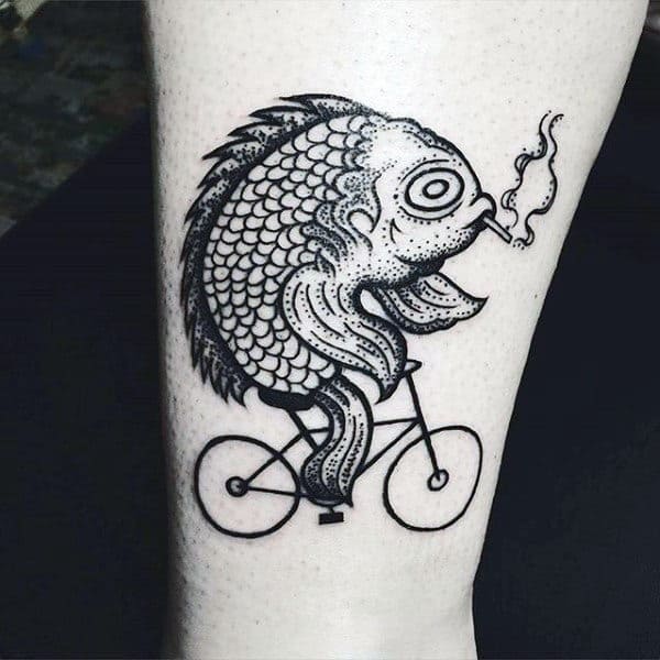Scaly Fish Smoking On Bicycle Tattoo For Guys