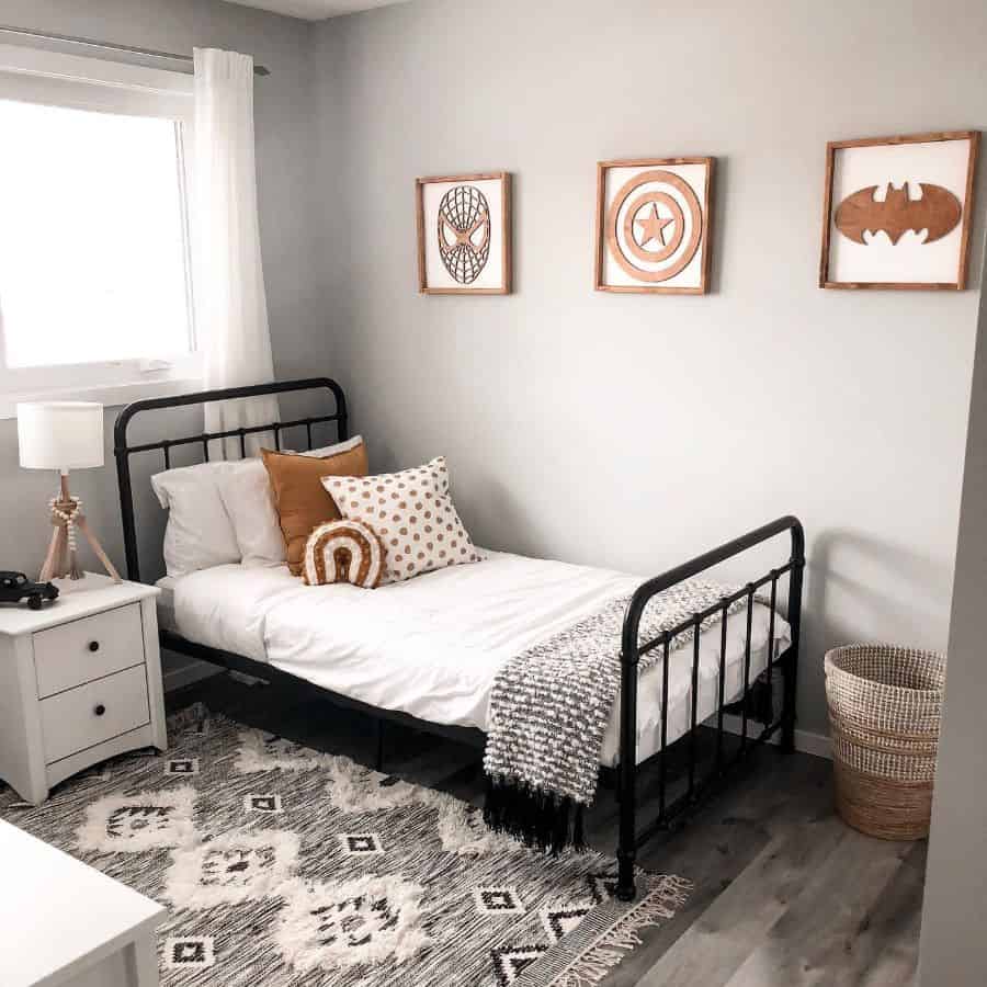 scandinavian bedroom design black bed frame pattern floor rug