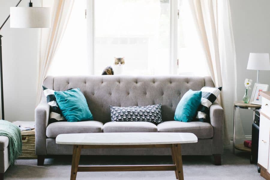 gray sofa in small scandinavian apartment living room