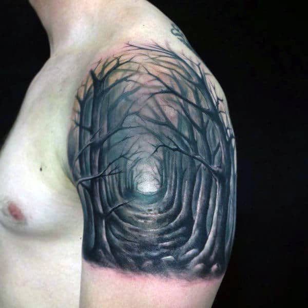 Scary Deep Forest Path Tattoo Guys Quarter Sleeve