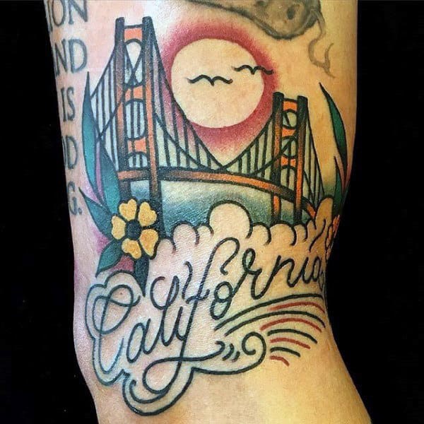 Script California With Golden Gate Bridge Mens Small Old School Tattoos